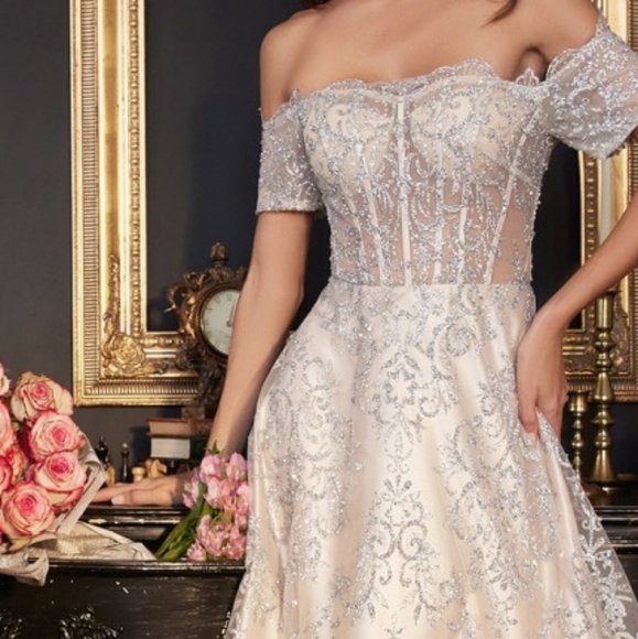 New long emerald, platinum, rose gold off the shoulder glitter tulle lace up - Picture 5 of 9